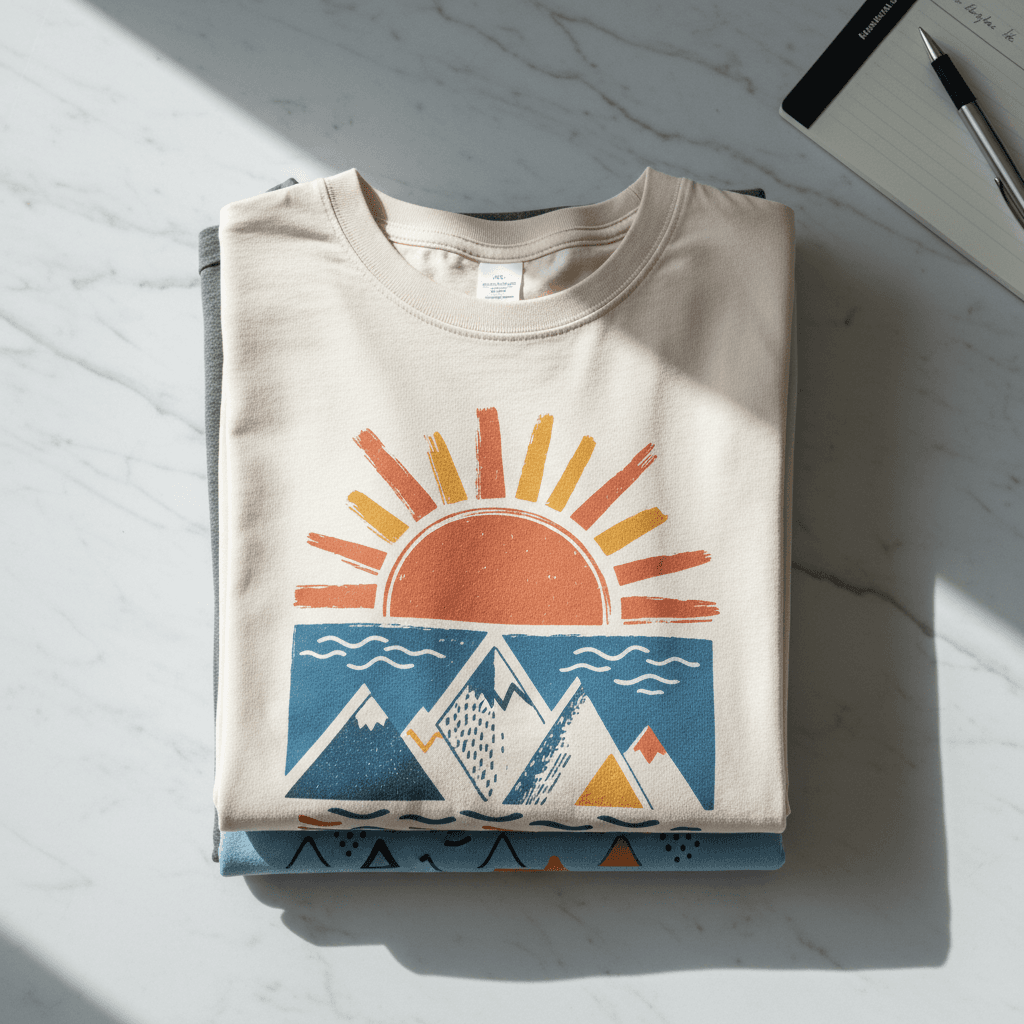 Tumpukan kaos terlipat rapi di atas meja kayu