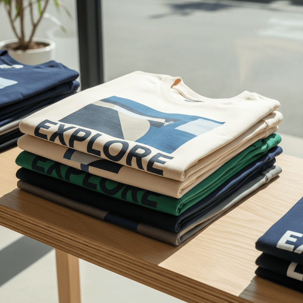 Tumpukan kaos kasual berwarna di atas meja kayu di toko pakaian modern