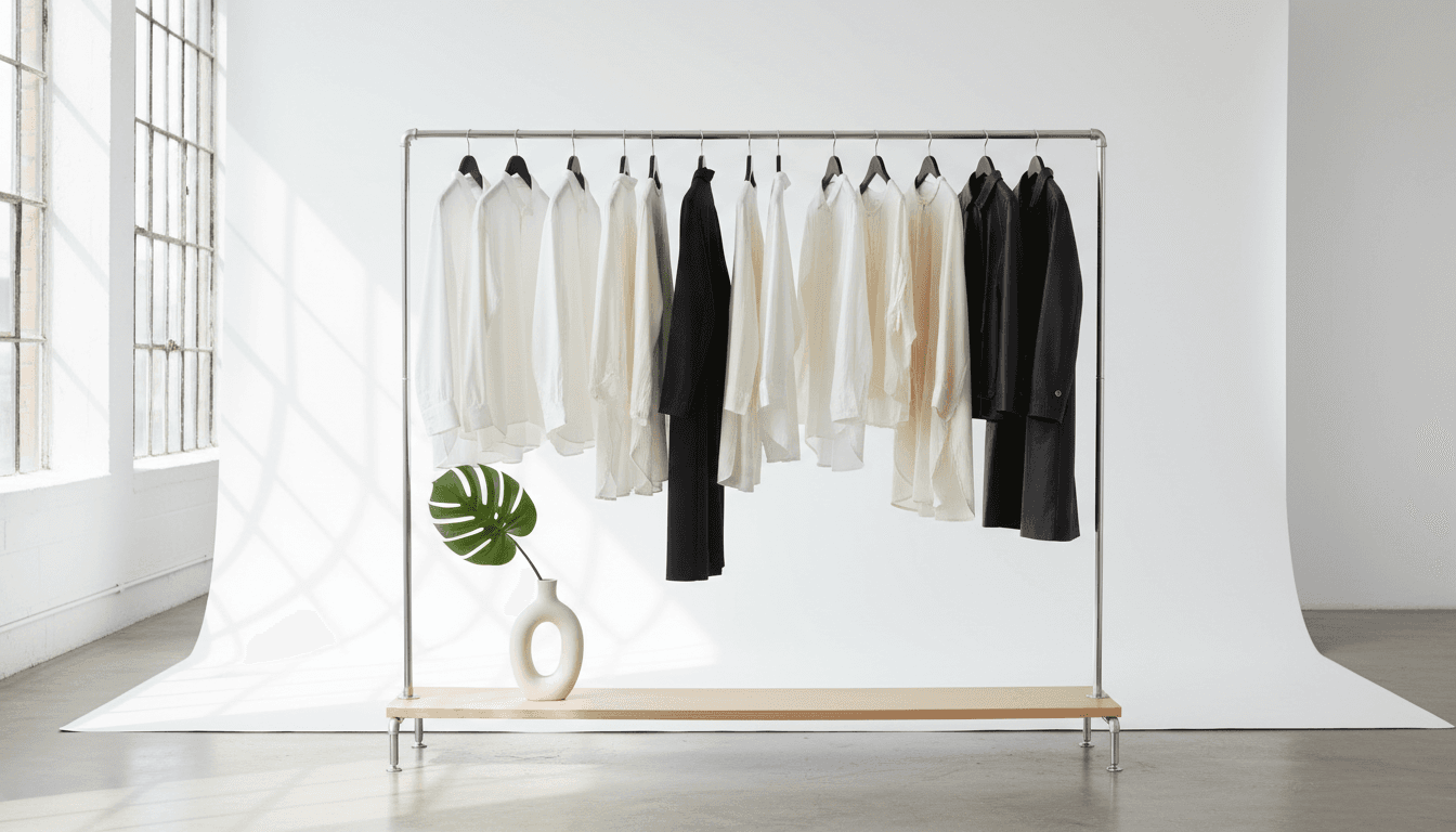 Rak pakaian modern dengan kemeja dan jaket di studio terang